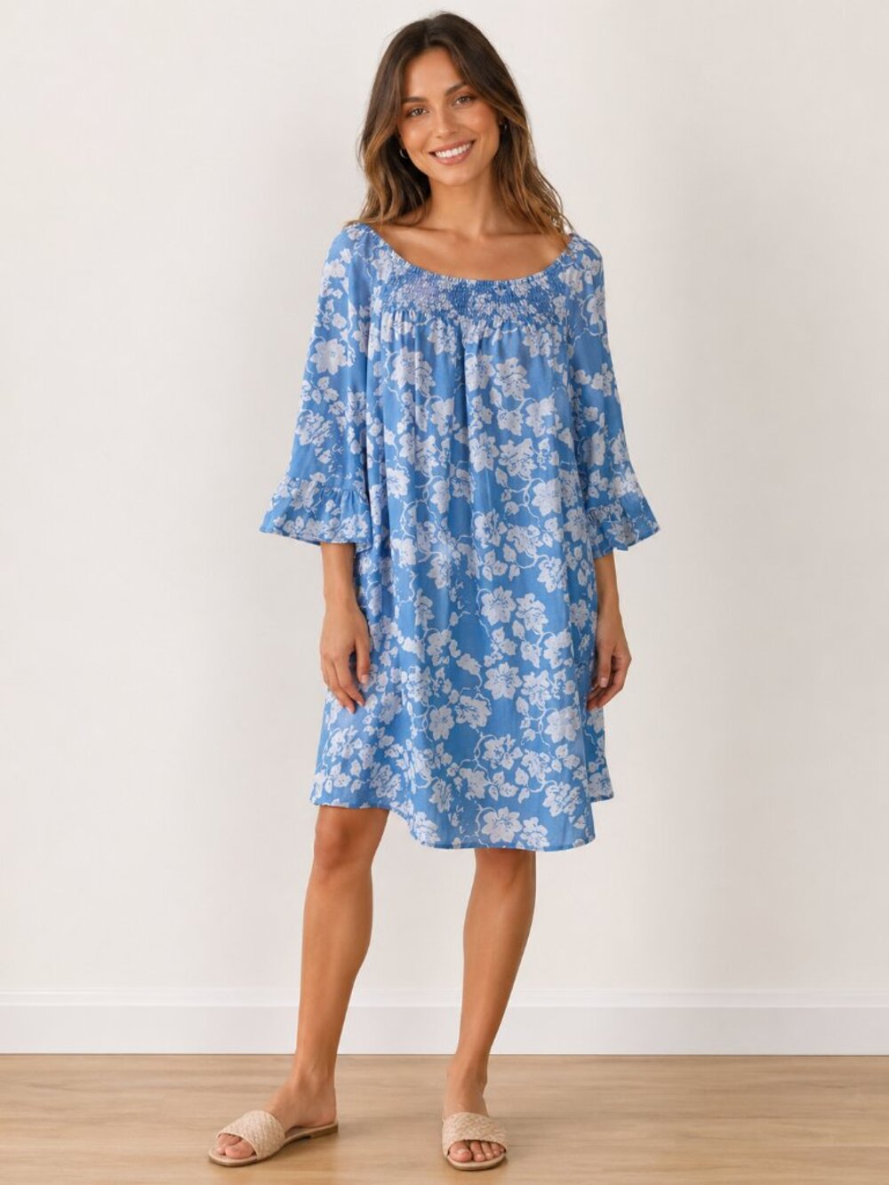 New Directions Chambray Shift Dress Off Shoulder Floral Bell Sleeves Ladies PM